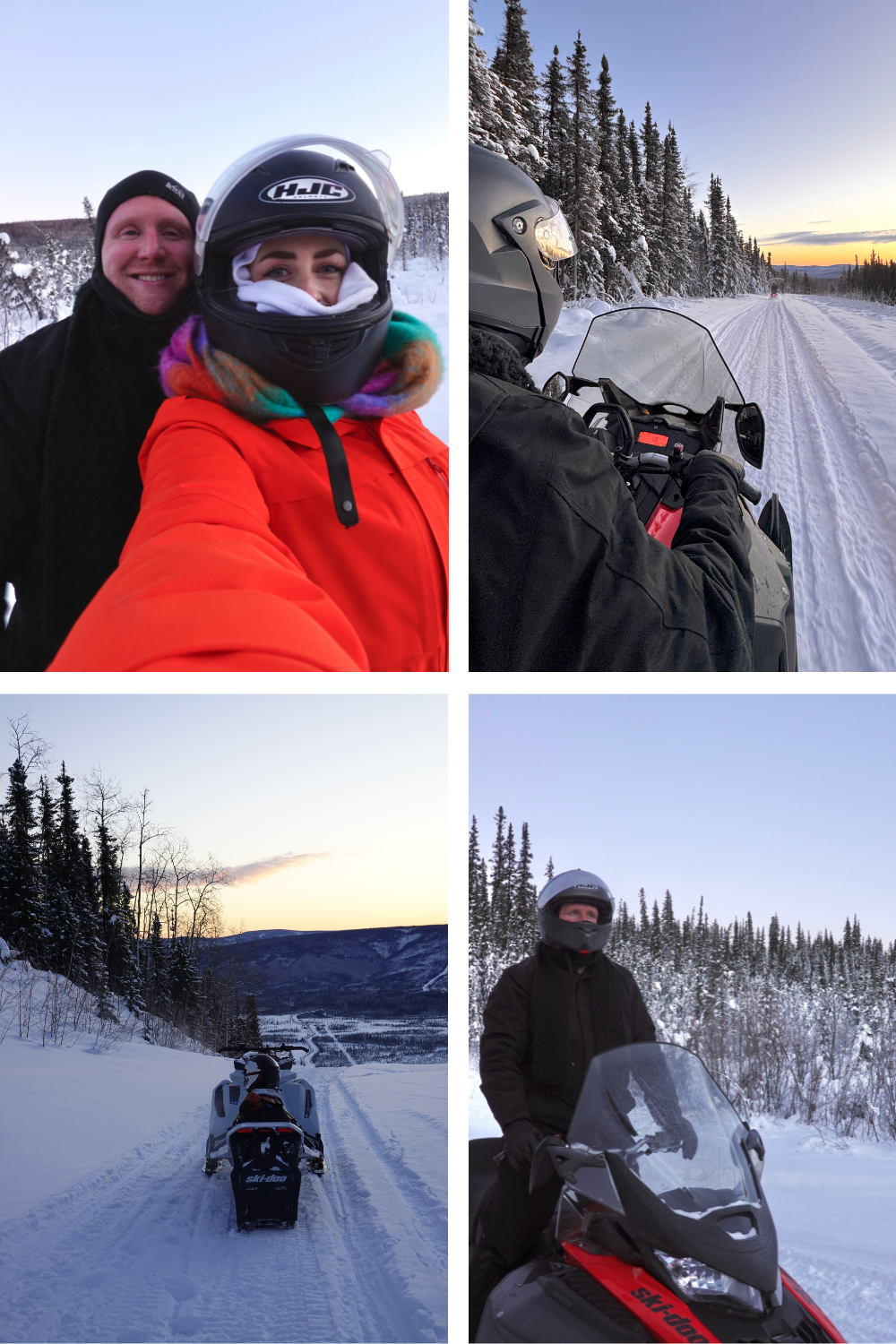 A collage of four images featuring people on snowmobiles in a snowy winter landscape with trees and a pipeline.