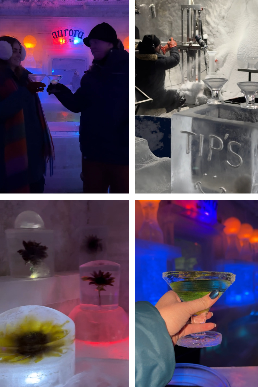 Collage of an ice bar with people toasting, an ice sculpture, flowers in ice, and a green cocktail.