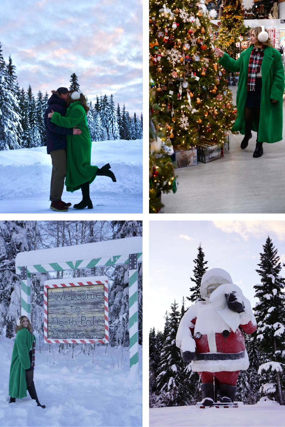 A collage of four winter-themed photos, including a couple embracing in snow, a person admiring a Christmas tree, someone next to a "Welcome to North Pole, Alaska" sign, and a snowy Santa Claus statue.