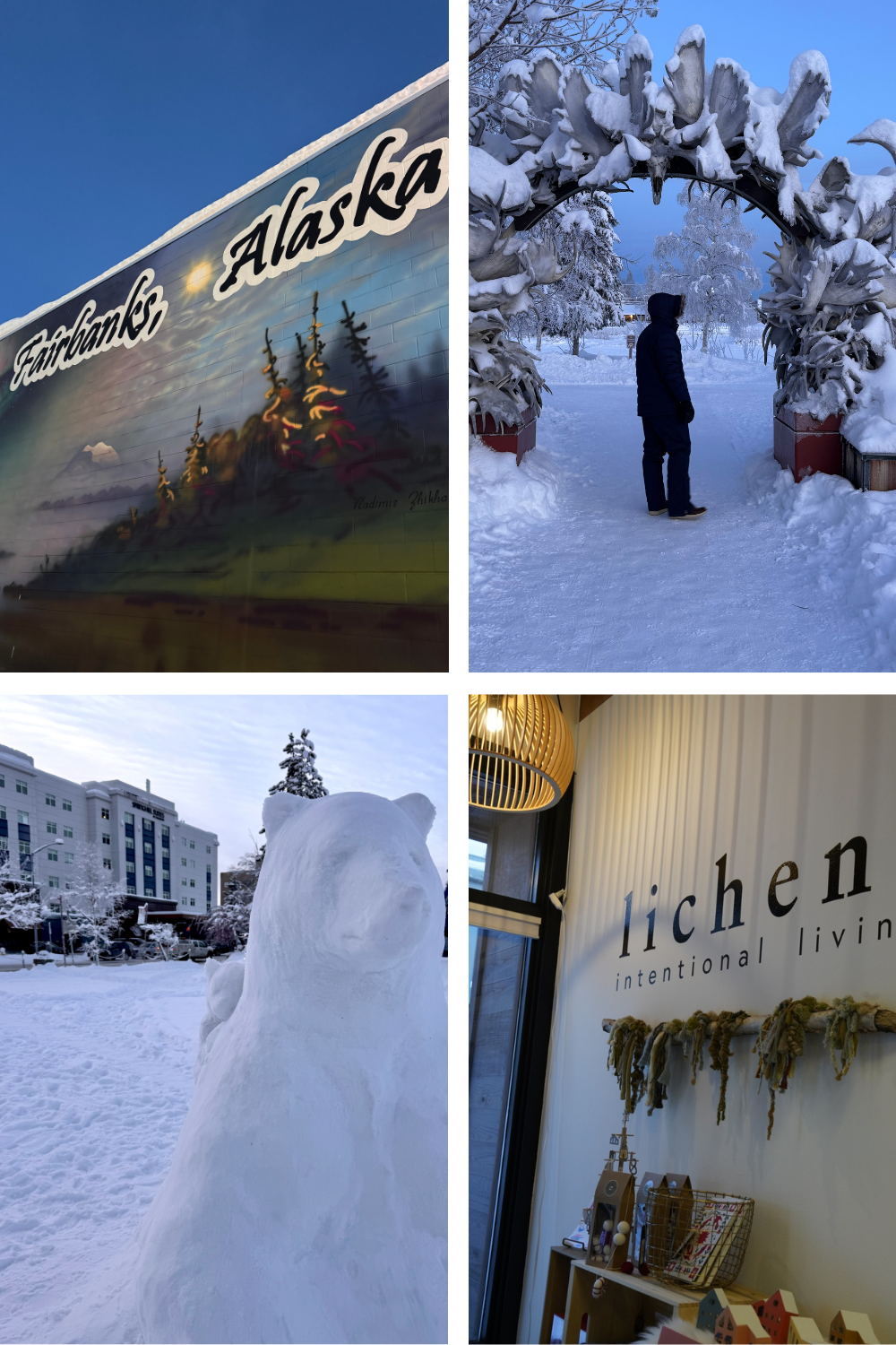 Collage of four images: a mural in Fairbanks, Alaska, a snowy archway, a bear snow sculpture, and a store interior with "lichen intentional living" text.</p>
<p>