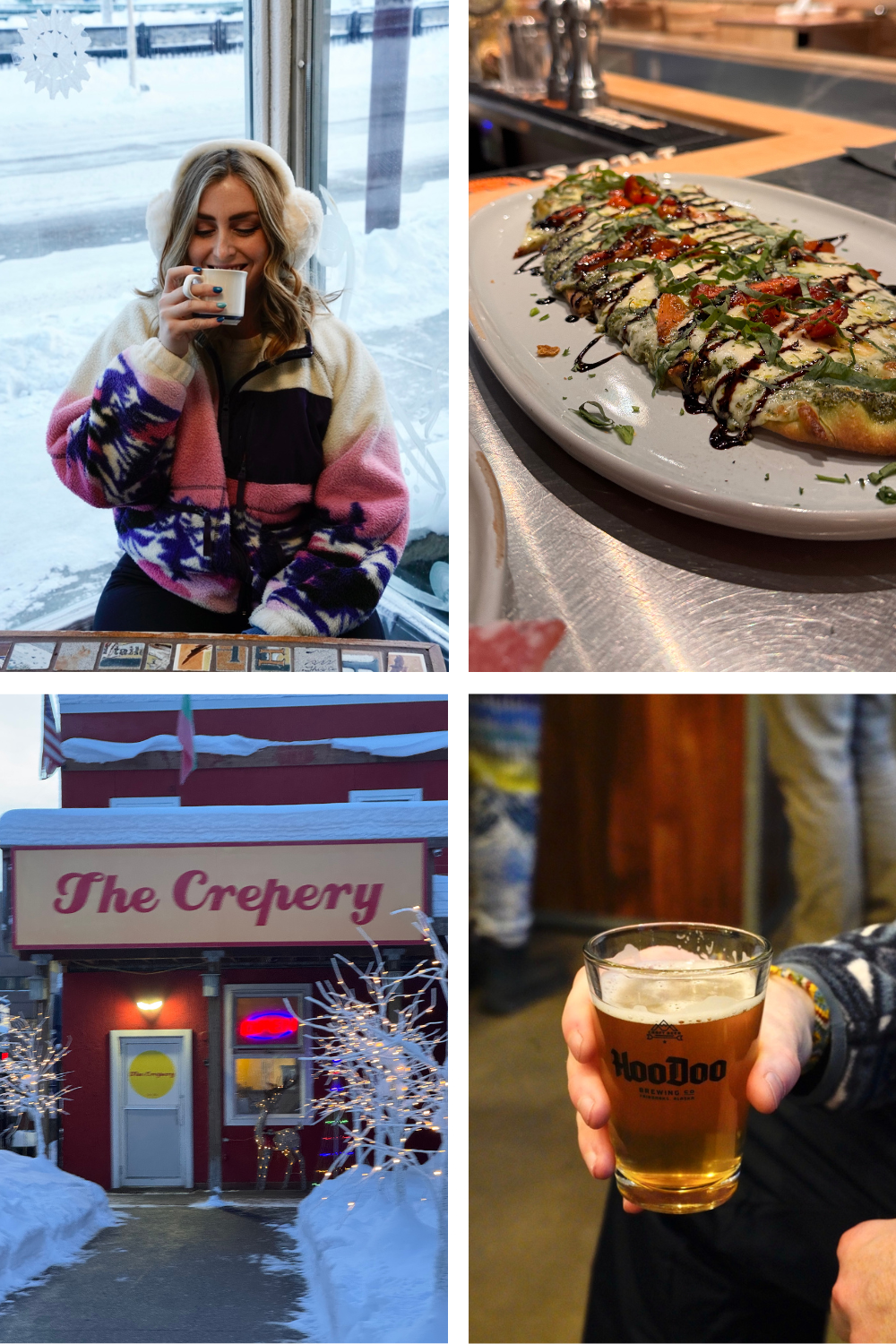 Collage of a woman drinking from a cup, a plate of flatbread, the exterior of The Crepery, and a pint of beer.</p>
<p>