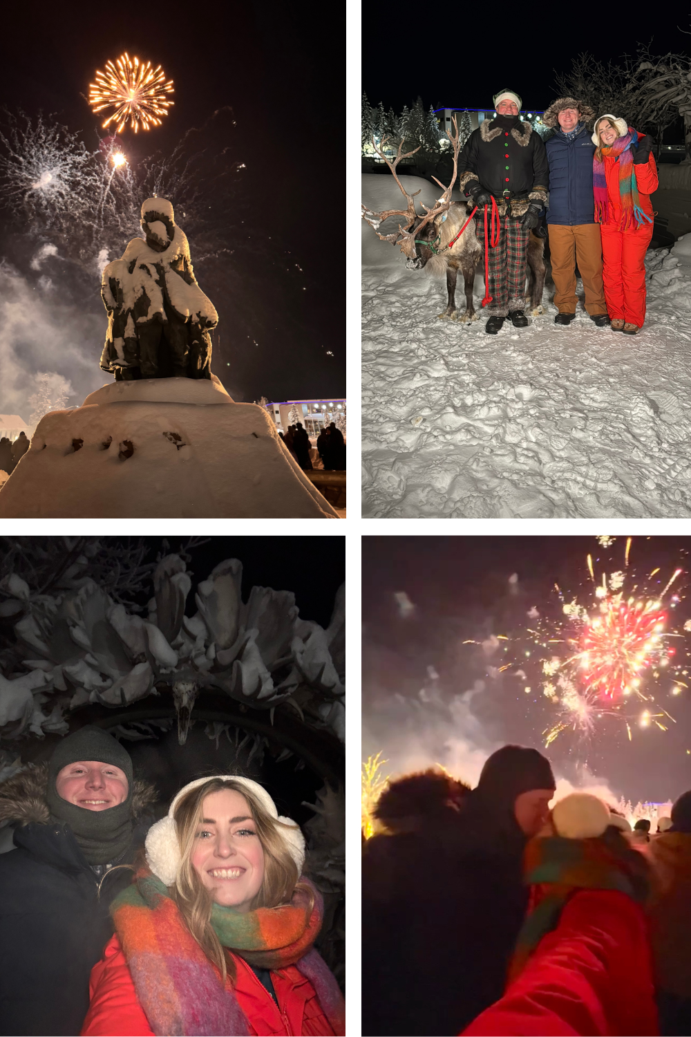 A collage of winter-themed photos featuring fireworks, a snow-covered statue, people with a reindeer, and a winter selfie.