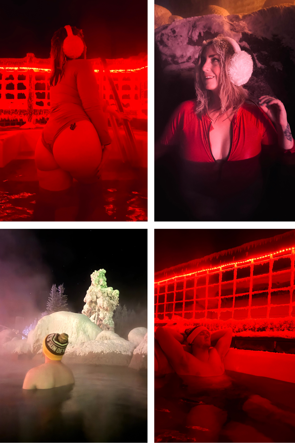 Collage of four photos showing people in a hot spring at night, with red lighting and snowy surroundings.