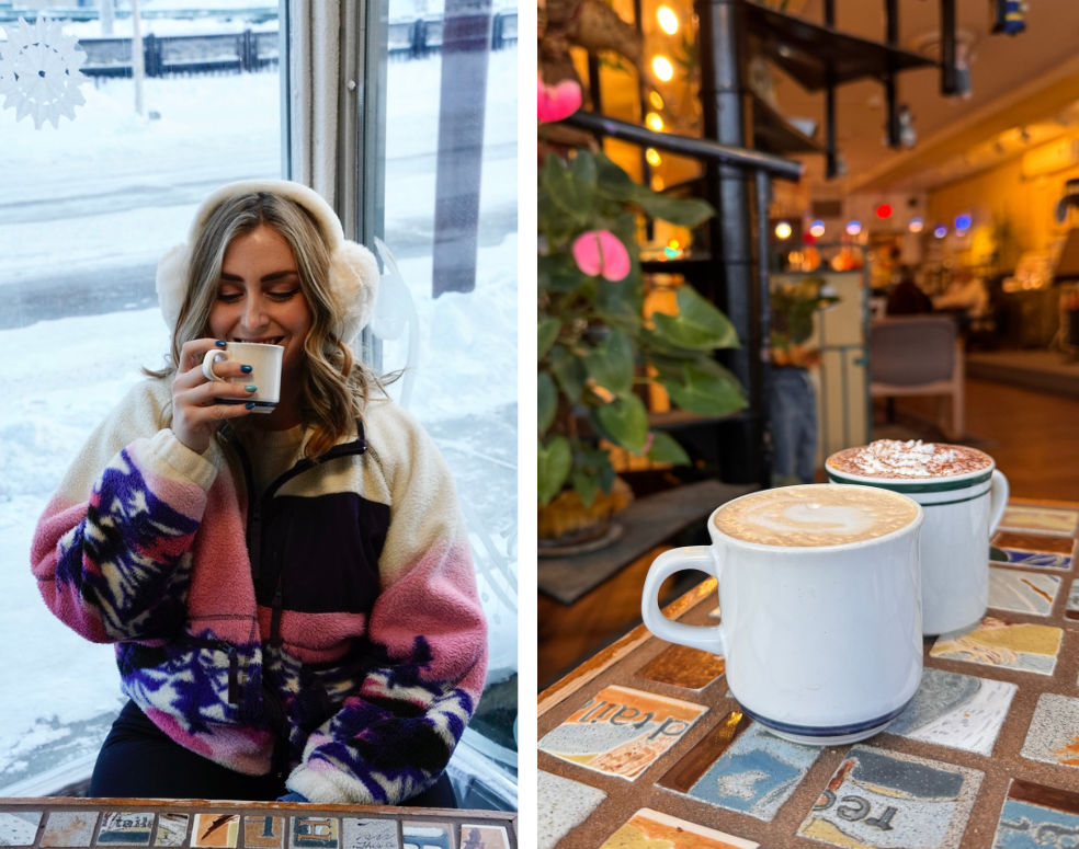 photos of a girl drinking coffee and another photo with 2 cups of coffee