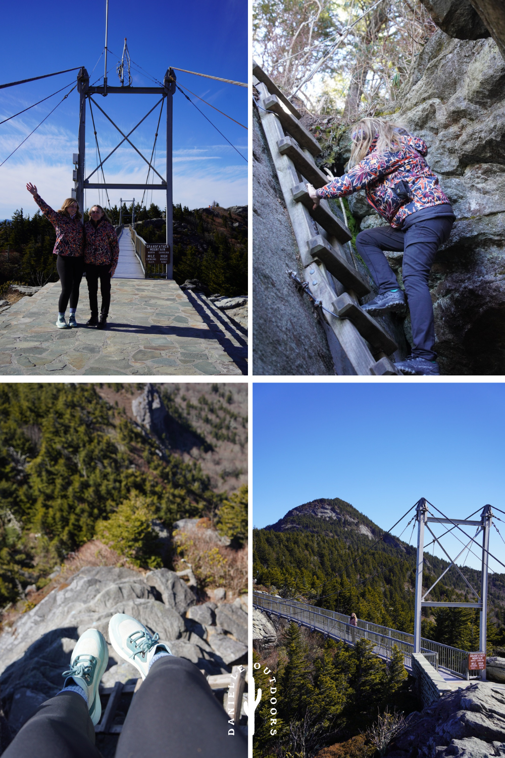 photos of a mountain hike with pine trees, a bridge, and ladders