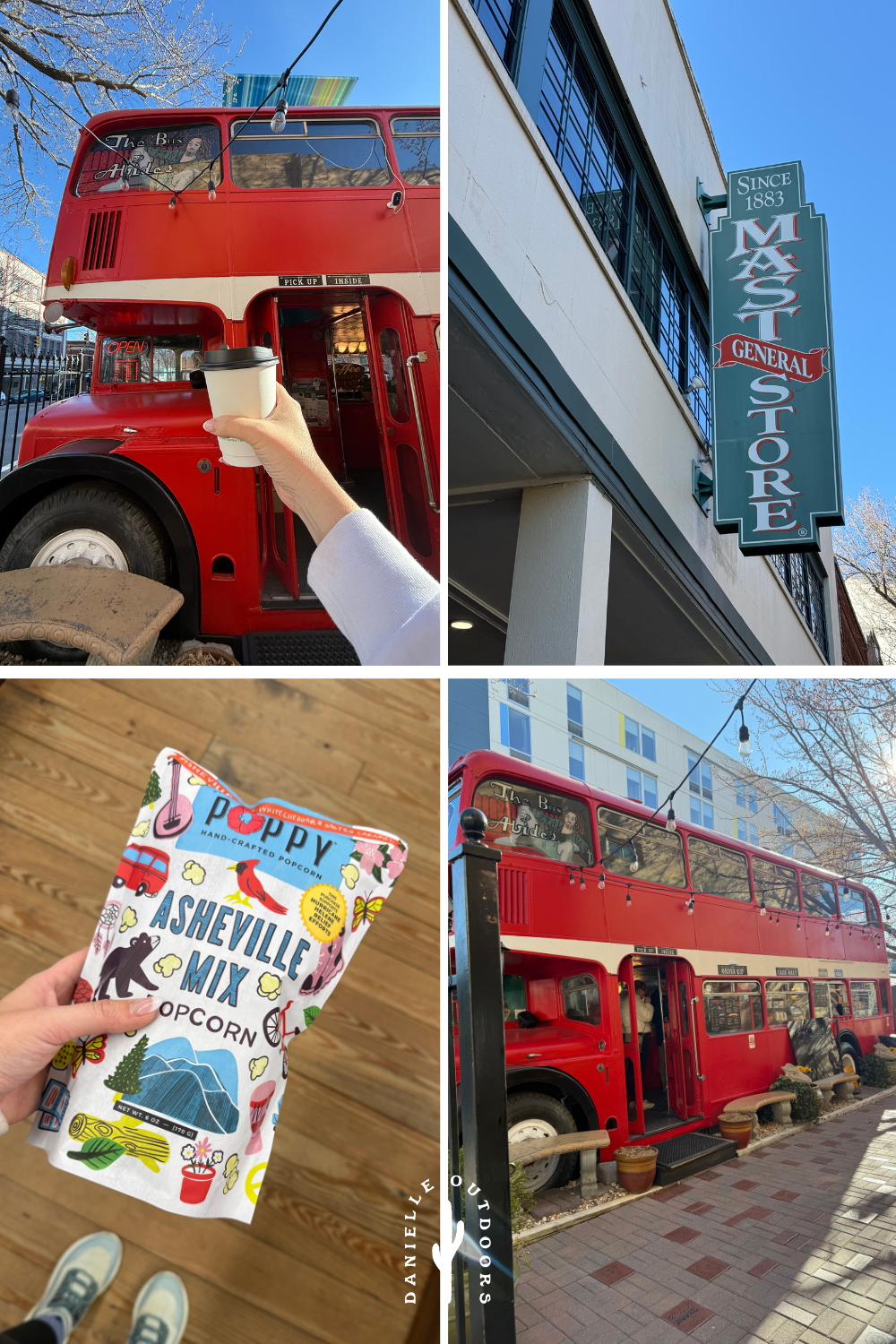 photos of a red double decker and a shop in downtown asheville