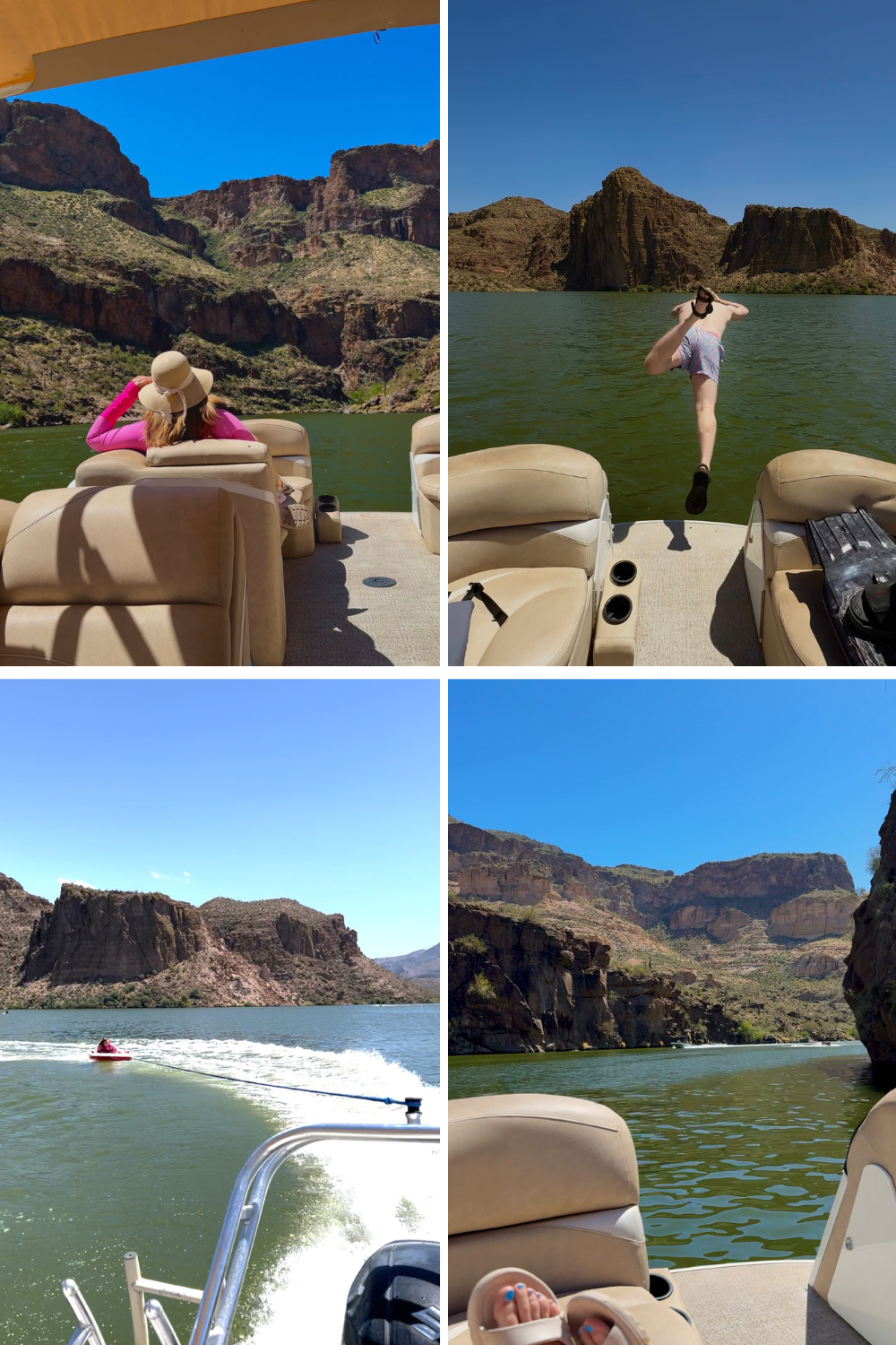 canyon lake boat rental multiple photos of a man and woman enjoying time on a boat in the desert