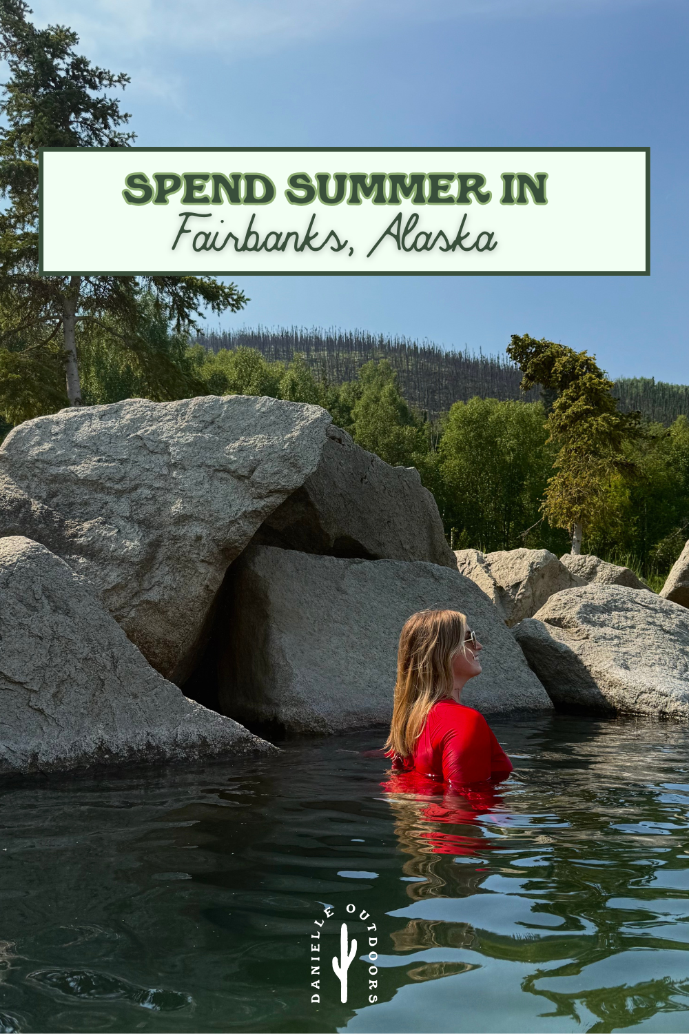 pinterest pin of a girl with a red swimsuit in hot springs