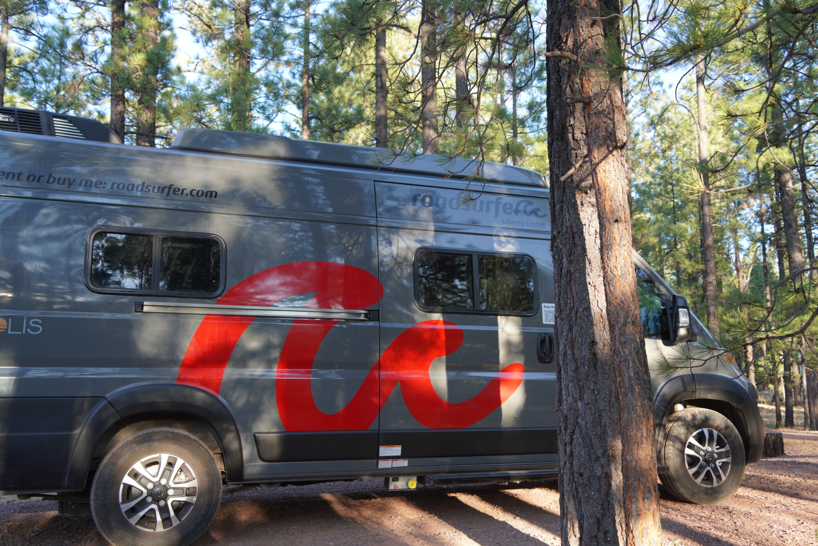 roadsurfer van in forest photo of a camper van in a forest