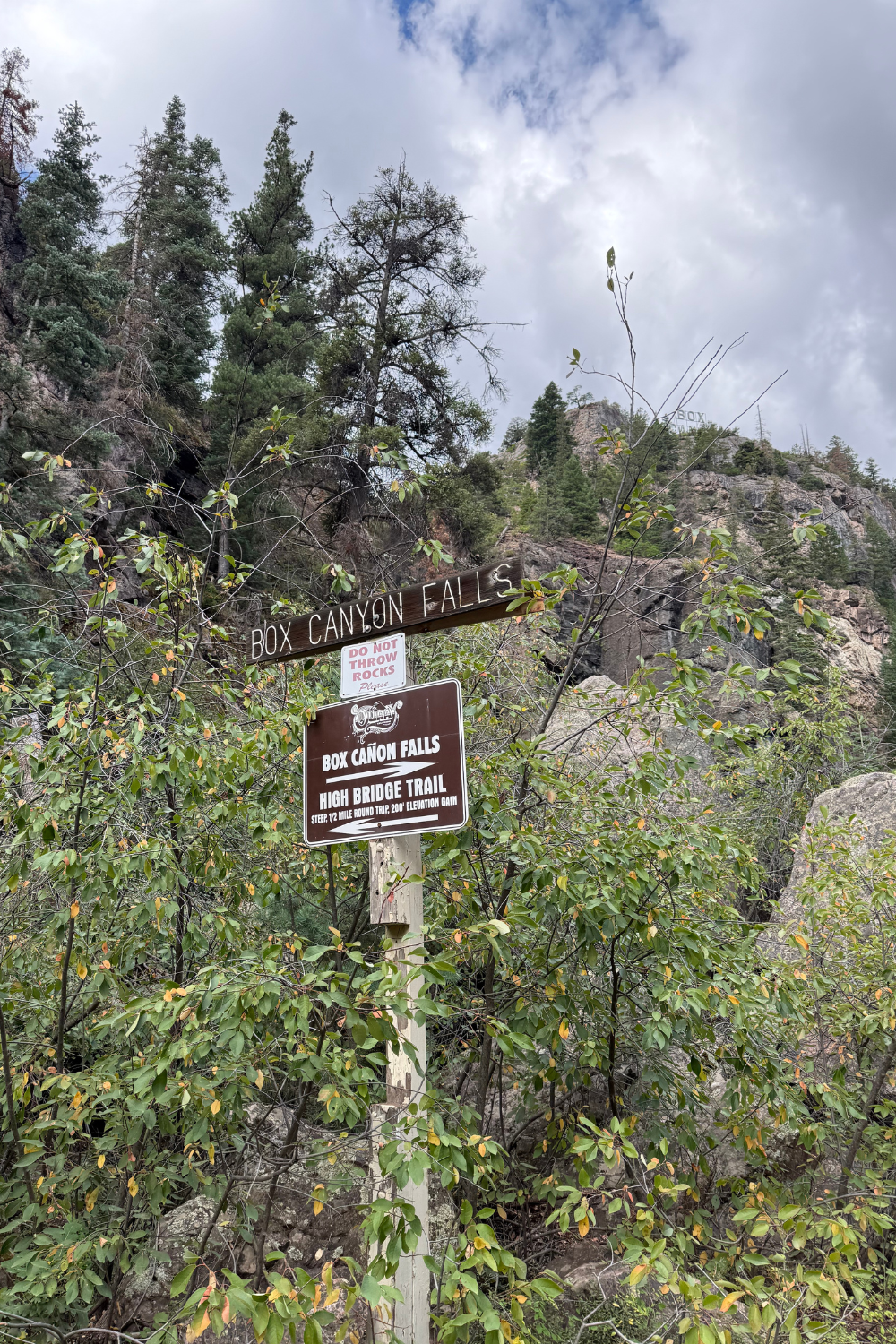 photo of a sign that says box canyon falls