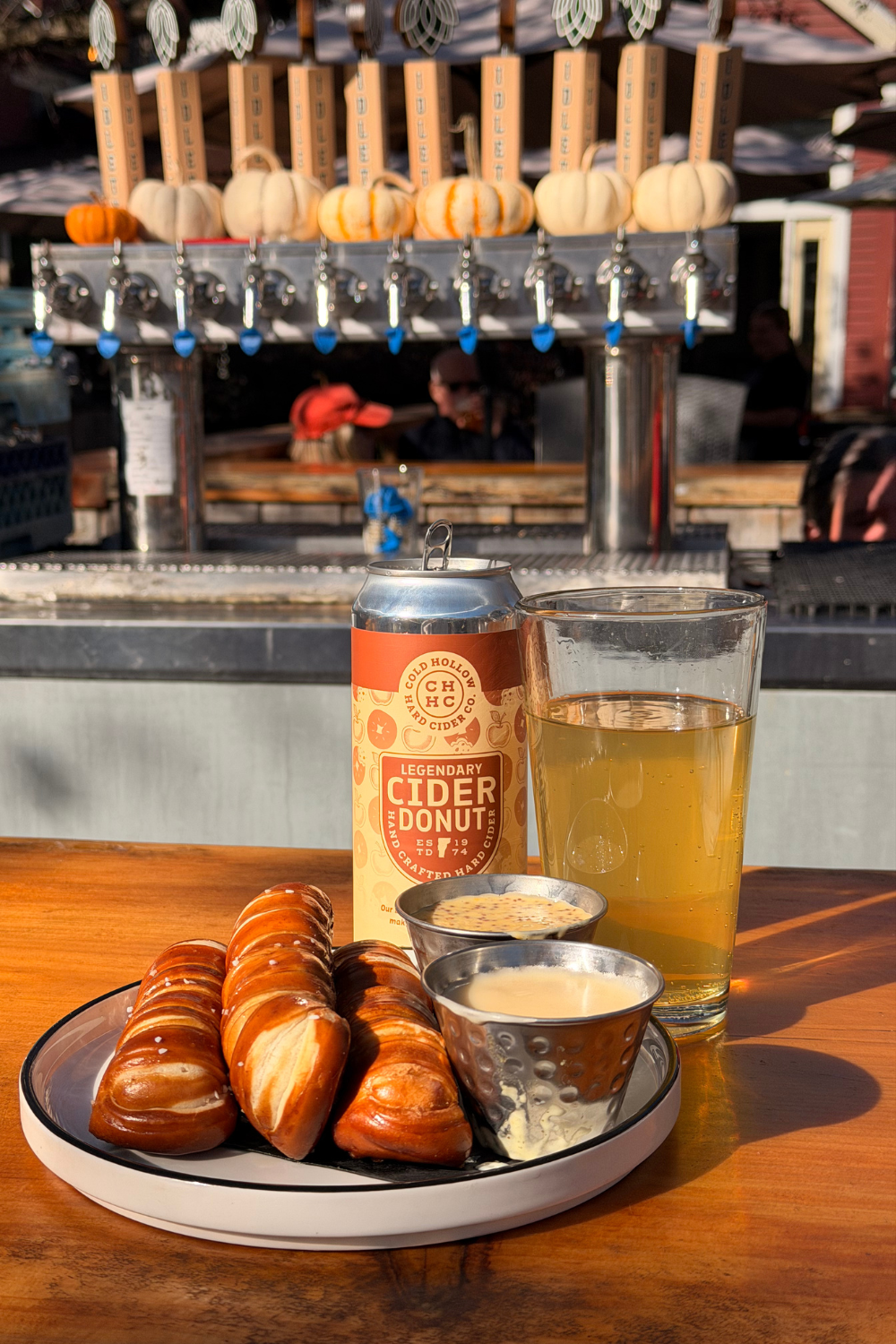 photo of hard cider and soft pretzels at a brewery in vermont