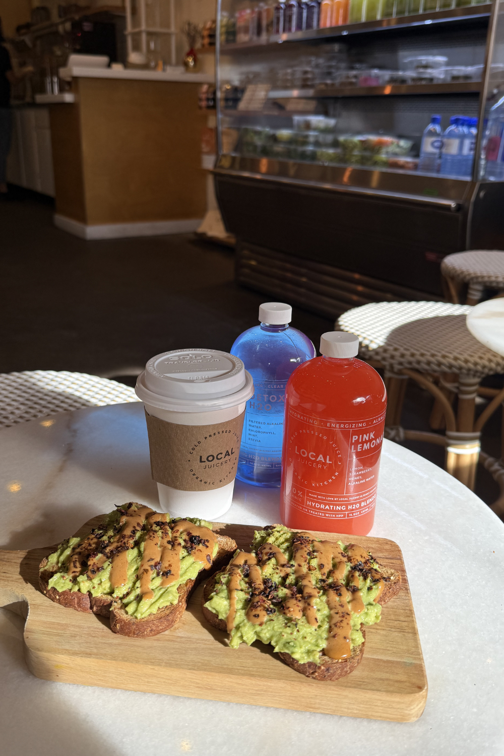 photo of avocado toast and a few drinks