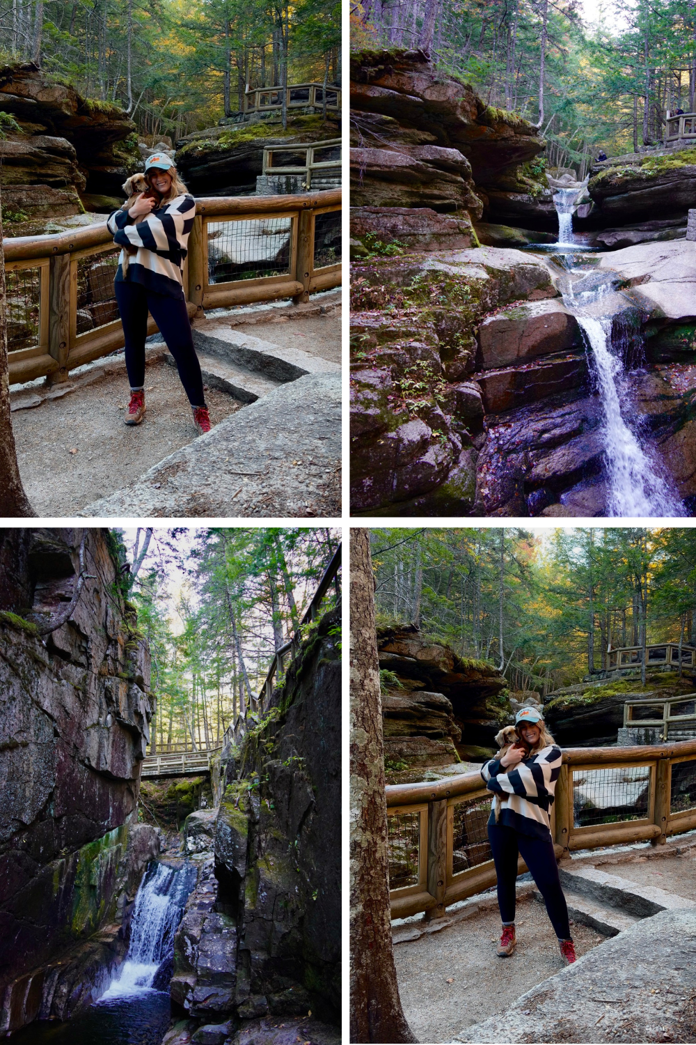 photos of a girl and a dog by a waterfall in a gorge