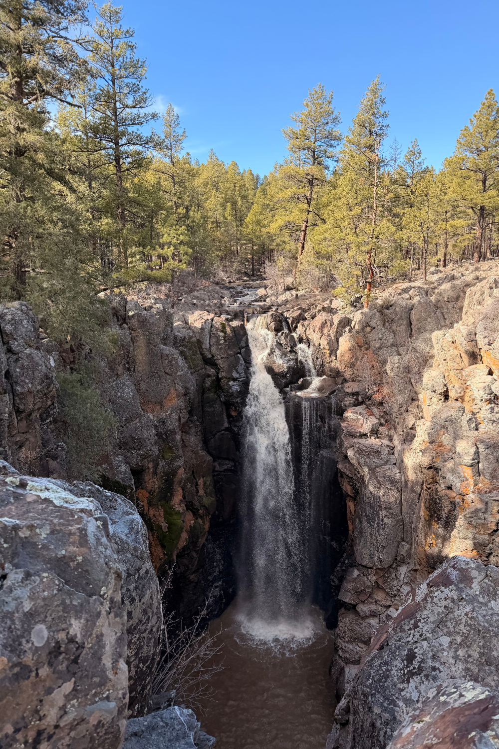 Woman Looking over Snowy Waterfall