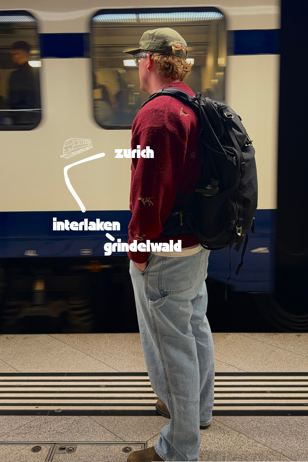 man standing in front of a moving public train with text overlay