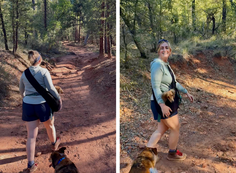 girl hiking with a small dog in a sling