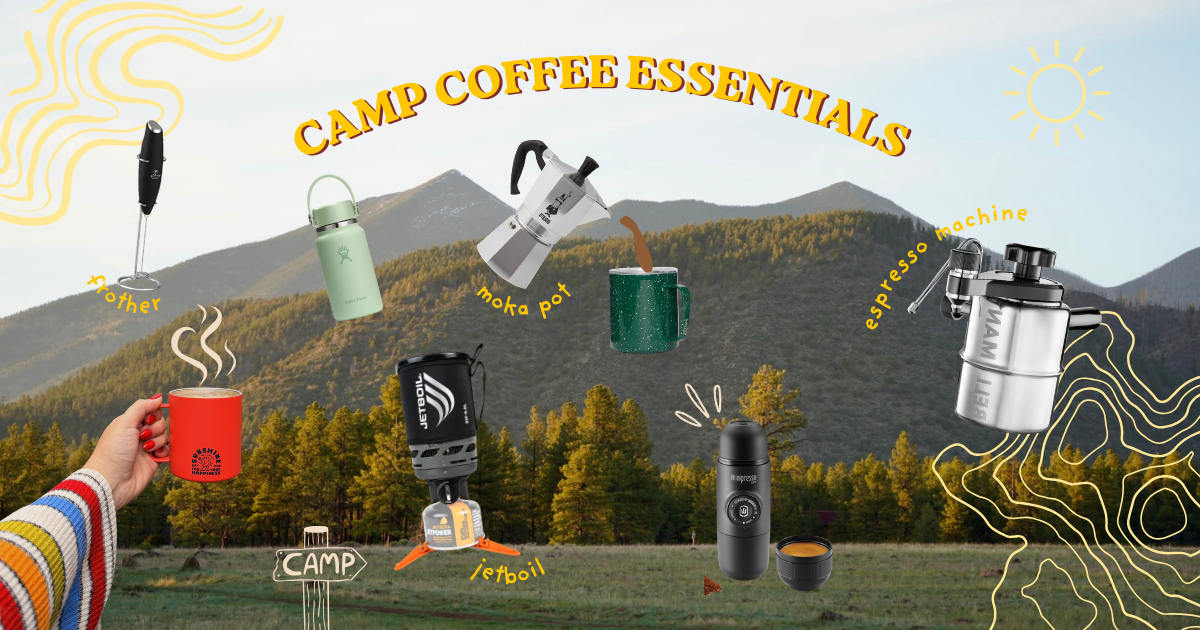 Illustrated camp coffee essentials graphic featuring a moka pot, portable espresso machine, Jetboil stove, milk frother, insulated mug, Hydro Flask, and travel coffee gear against a mountain landscape.