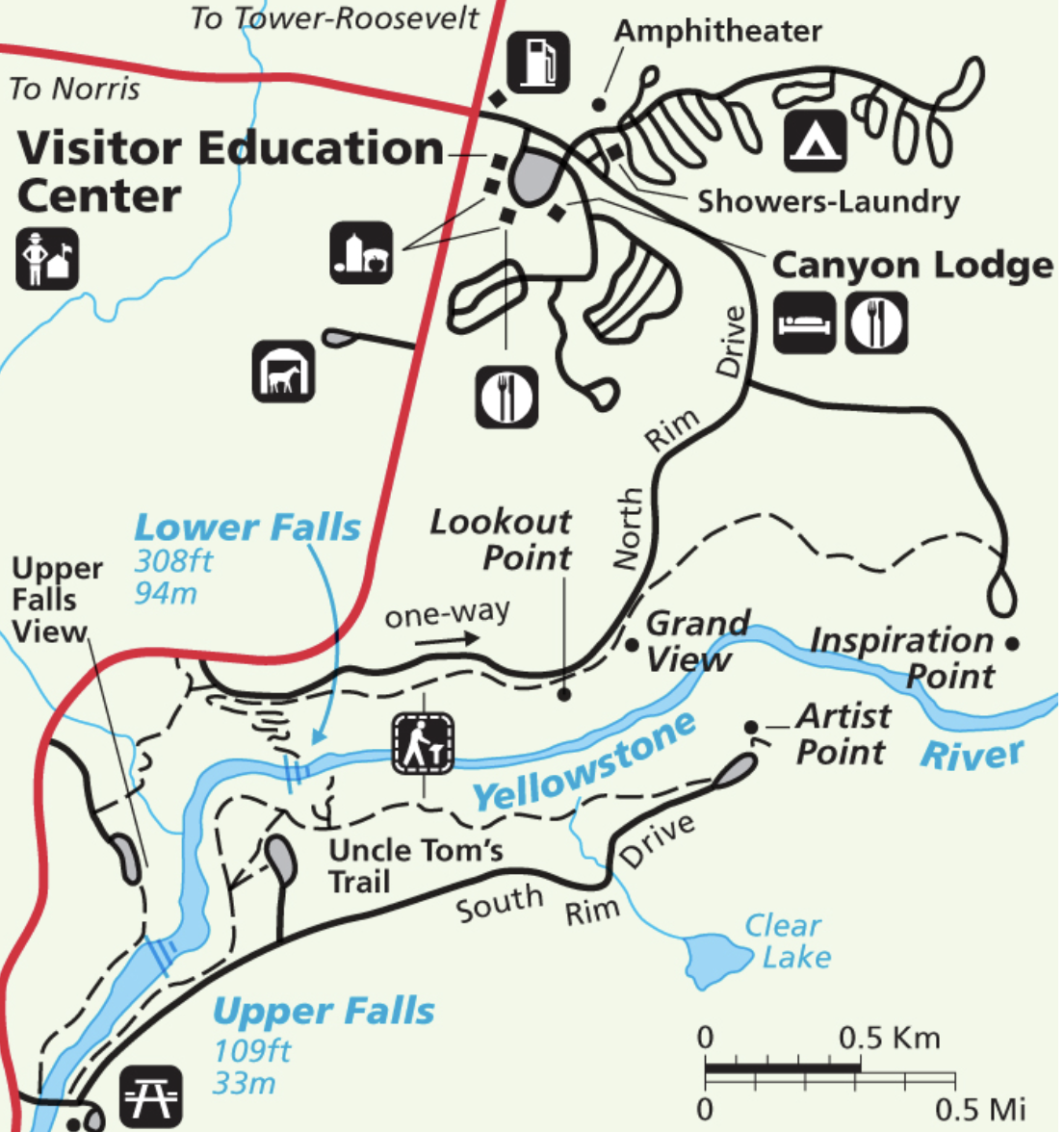 Map of the Grand Canyon of Yellowstone South Rim viewpoints and trails