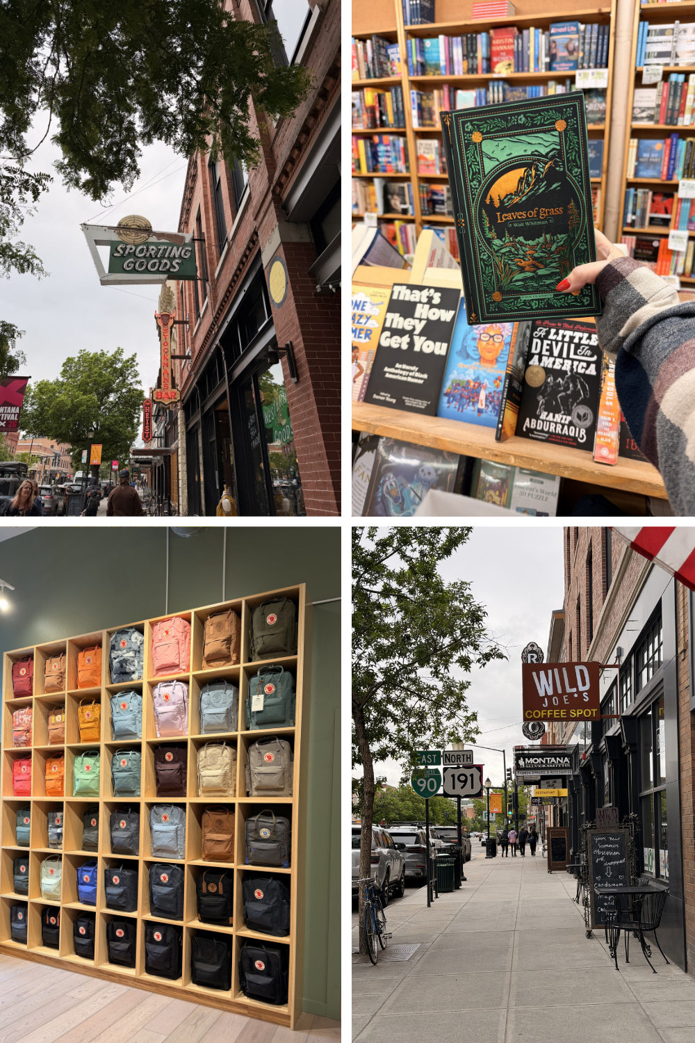 Downtown Bozeman, Montana featuring historic brick storefronts, Country Bookshelf, outdoor retailers, colorful backpack displays, and local coffee shops along Main Street.