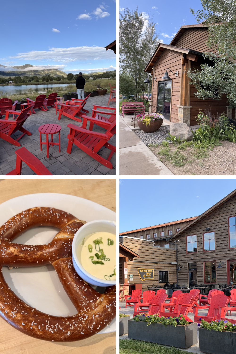 MAP Brewing Company in Bozeman, Montana, featuring mountain views, lakeside patio seating, craft beer, and outdoor dining near Glen Lake.
