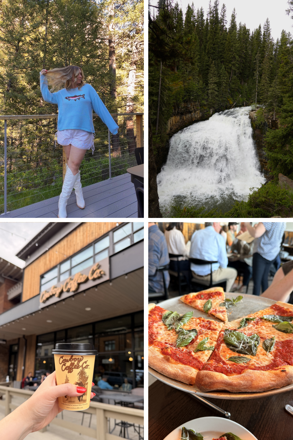Day trip from Bozeman to Big Sky, Montana, featuring Ousel Falls, downtown shops and restaurants, local coffee, and mountain scenery.