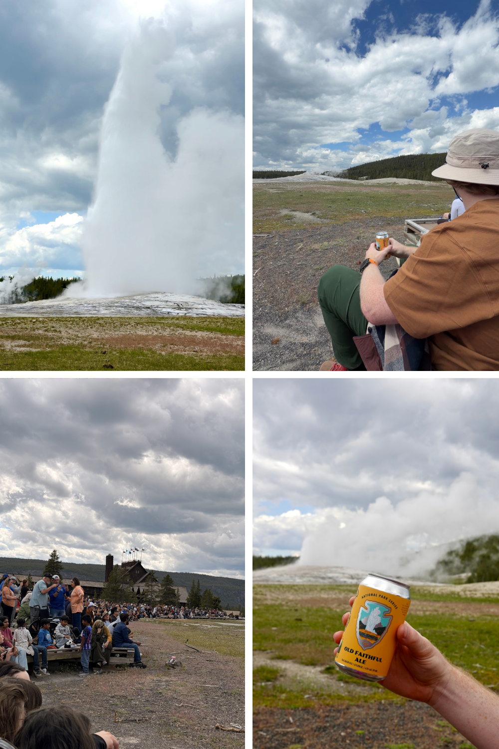 Old Faithful erupting at Yellowstone National Park, with crowds gathered at the viewing area and an Old Faithful Ale from the National Park Series<br />
