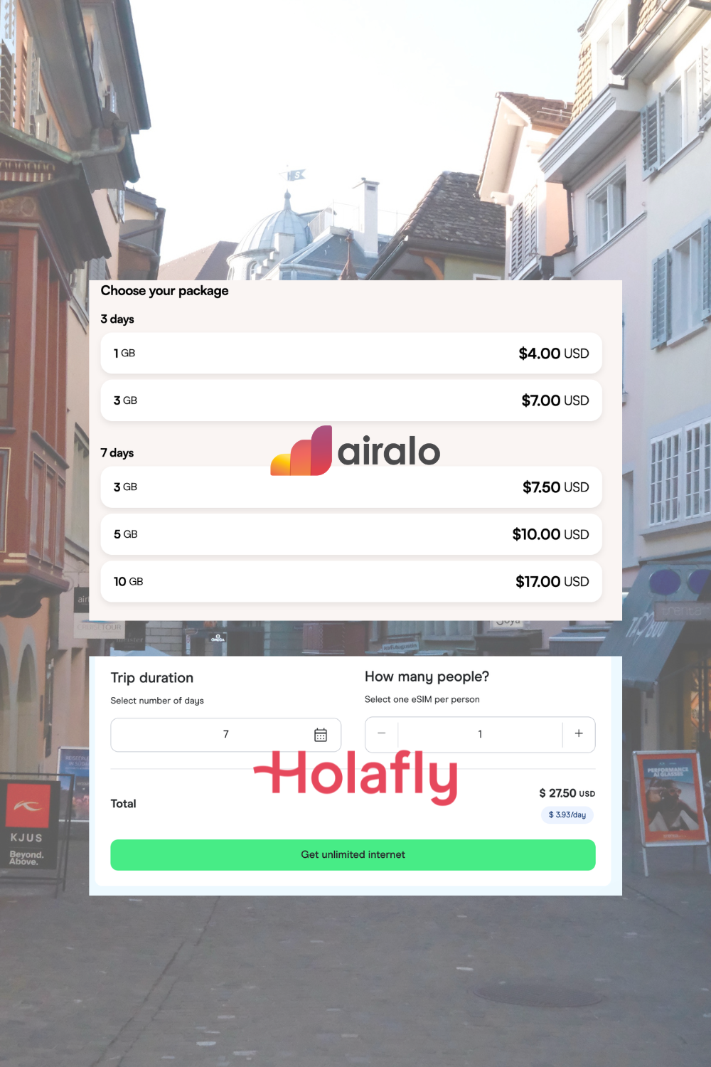 pricing comparison between holafly and airalo