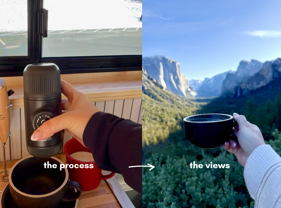Split image showing a portable espresso maker brewing coffee beside a camper van and a mug of coffee overlooking Yosemite Valley, highlighting the camp coffee process and scenic outdoor reward.