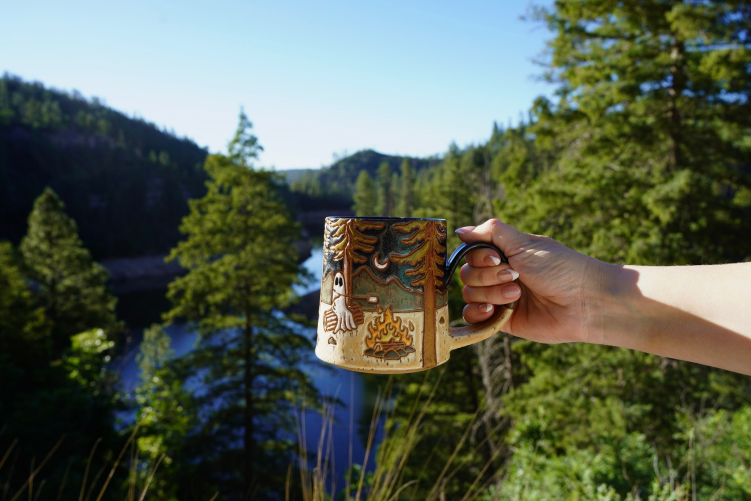 coffee mug at blue ridge reservoir Hand holding a camp coffee mug overlooking Blue Ridge Reservoir surrounded by pine trees in Arizona