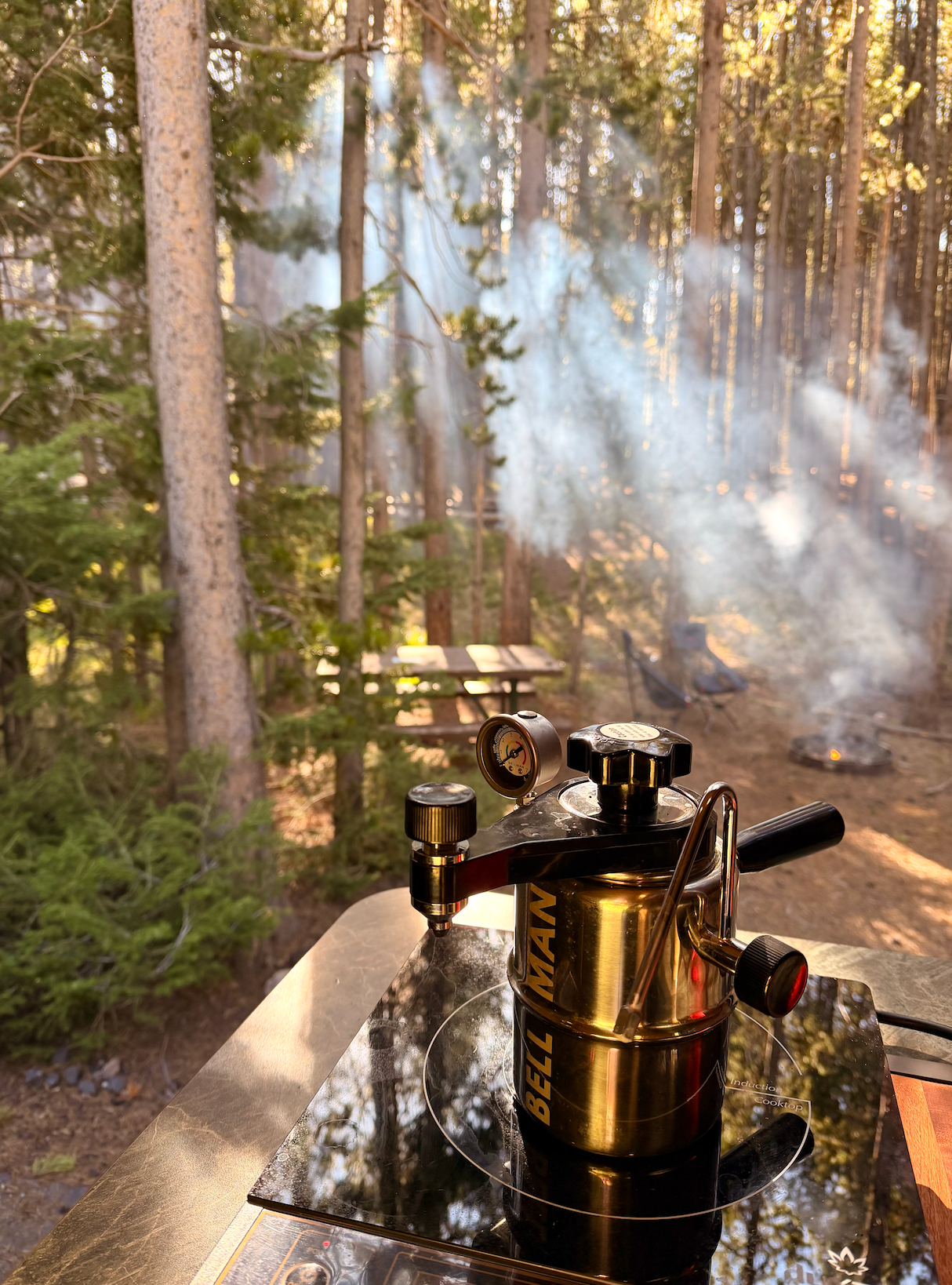 espresso machine in yellowstone national park at sunrise