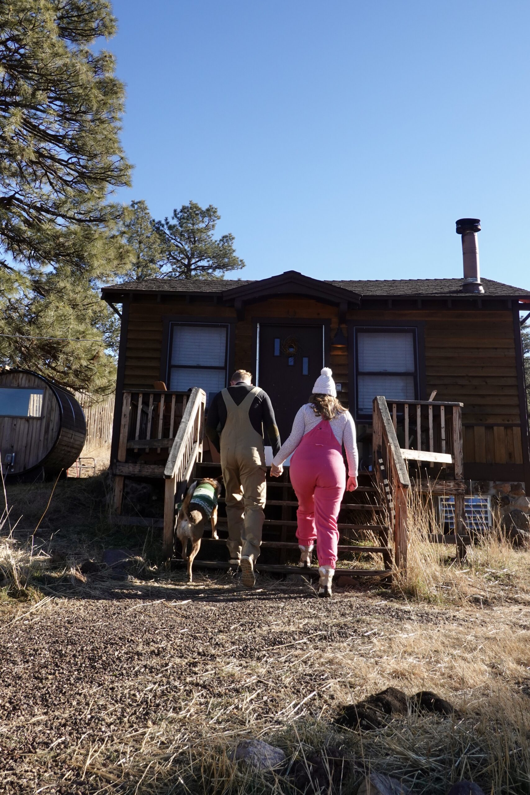 two people holding hands walking up the stairs of a cabin