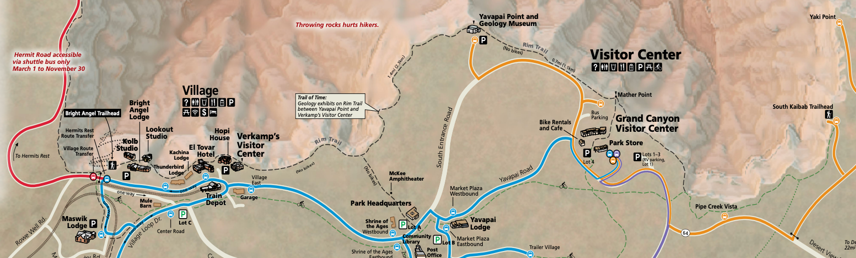 map of the rim trail at the grand canyon south rim