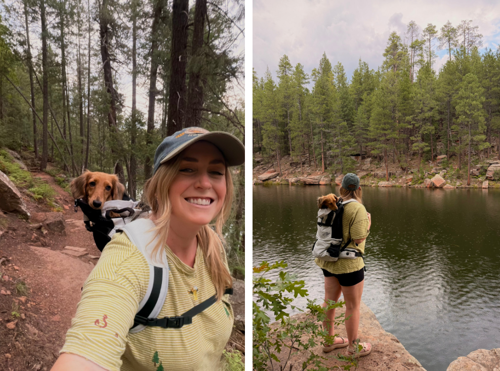 photos of danielle hiking with a wiener dog in a k9 sport sack
